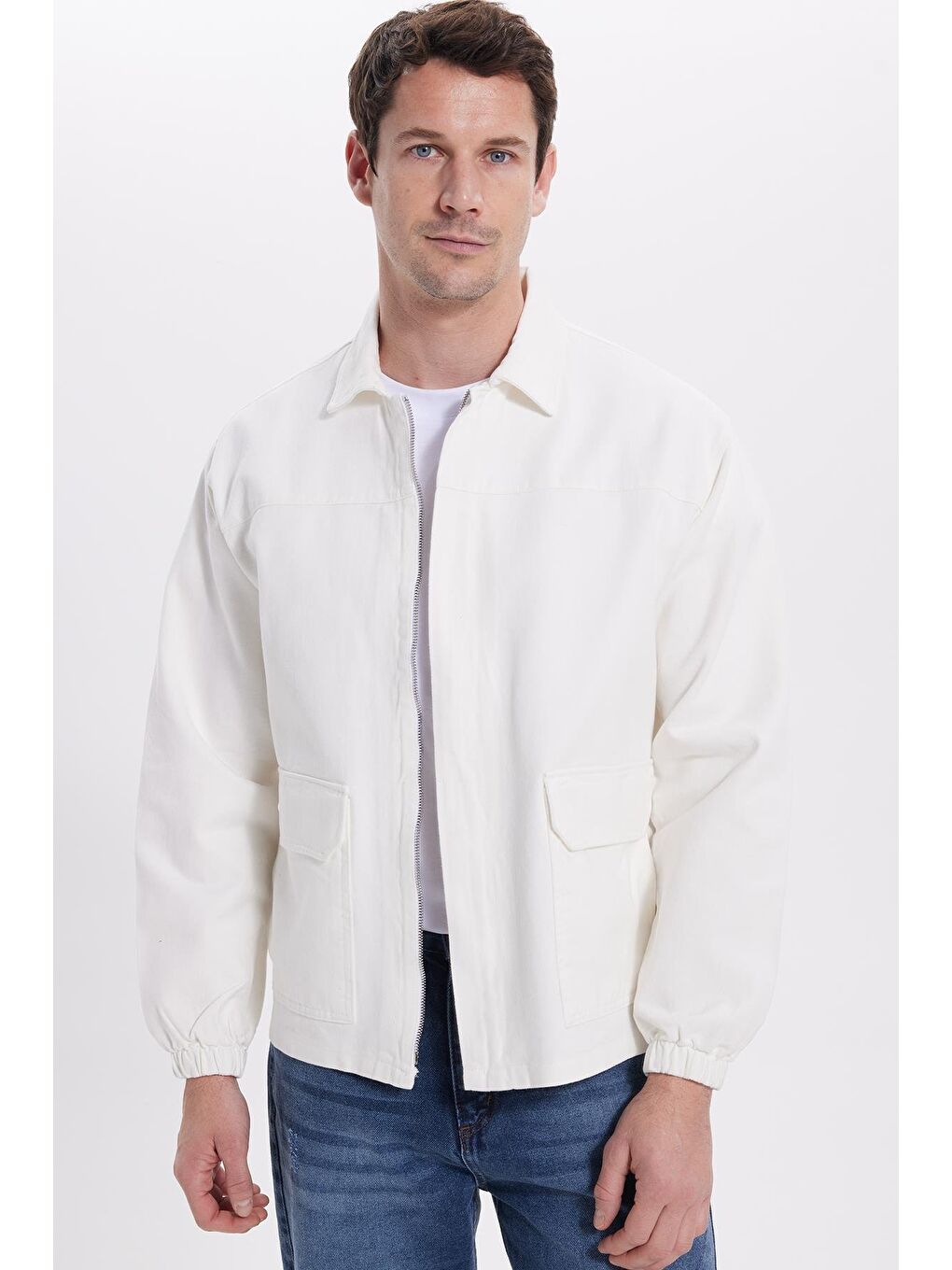 Erkek Relax Fit Rahat Kesim Çift Cep Denim Beyaz Jean Mont Gömlek-6