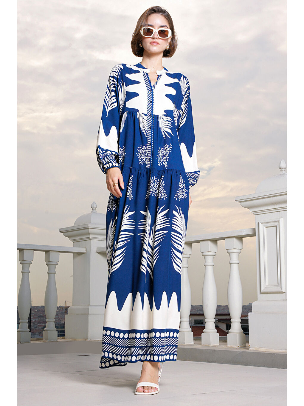 2423 Otantik Desenli Tesettür Elbise - M. Lacivert-2