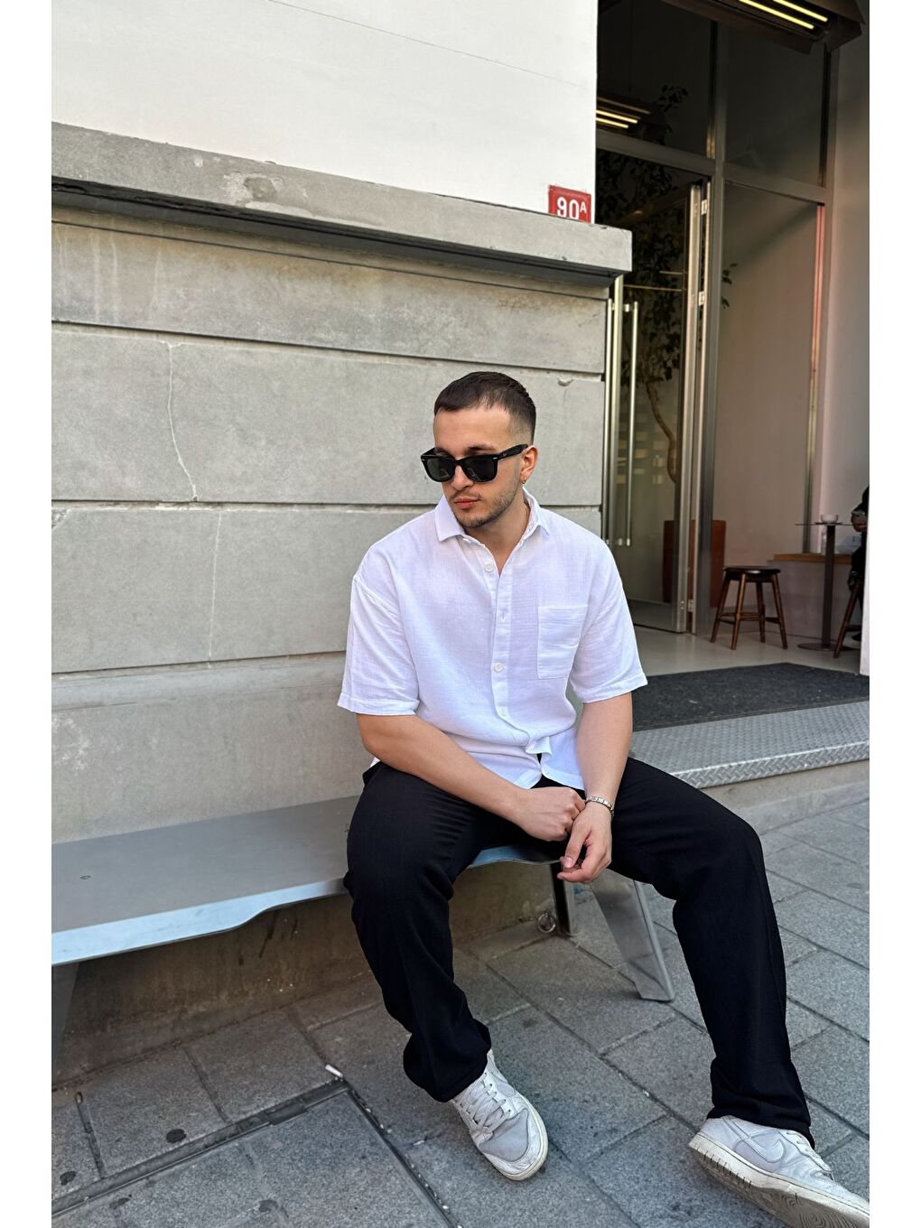 Beyaz Lora Erkek Yazlık Pamuk Gömlek Kısa Kollu Cepli Bol Kesim-6