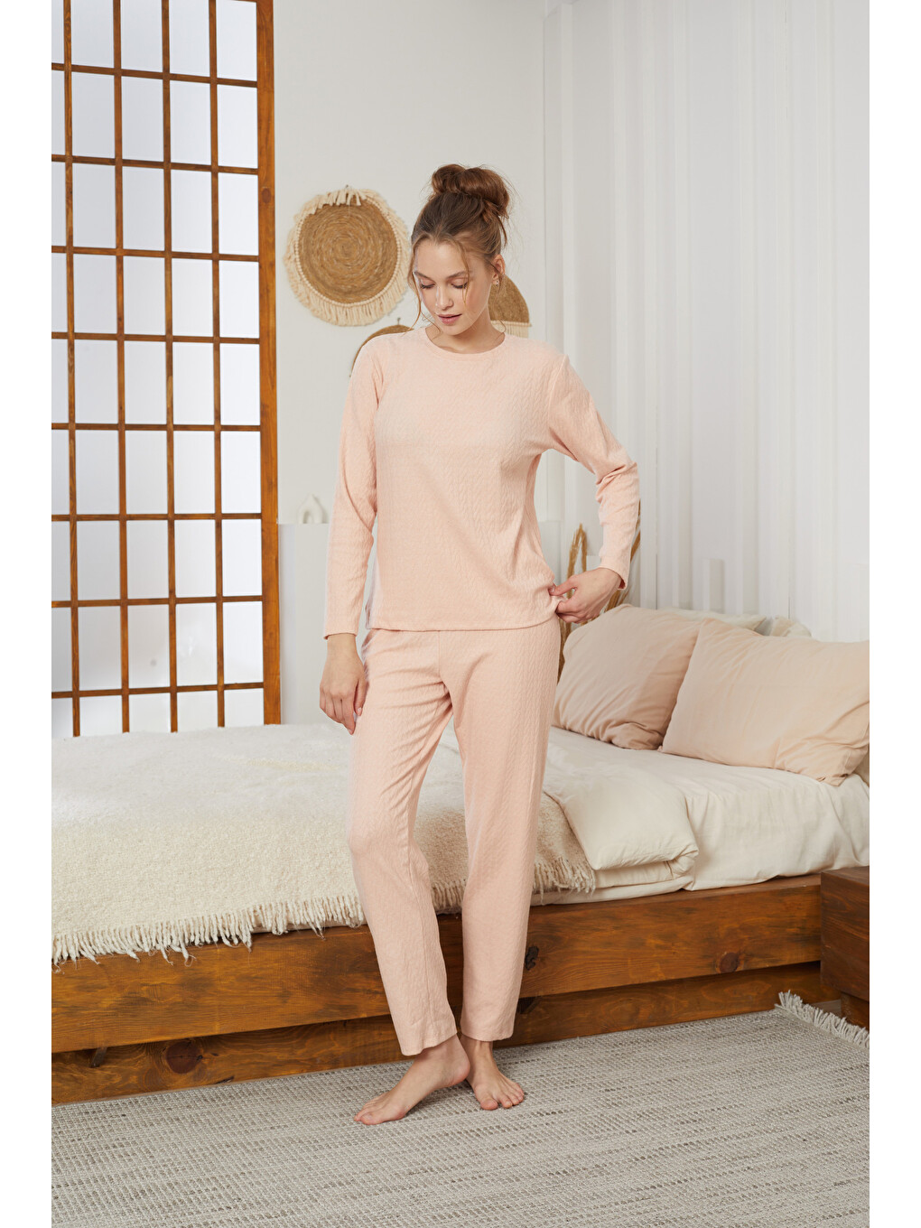 Pembe Somon Şardonlu Kışlık Örme Pijama Takım25226002-1
