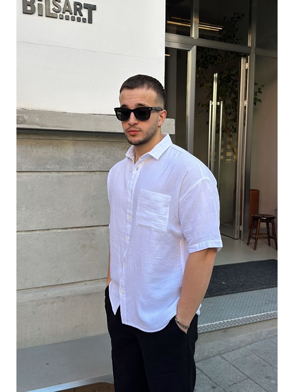 Beyaz Lora Erkek Yazlık Pamuk Gömlek Kısa Kollu Cepli Bol Kesim-7