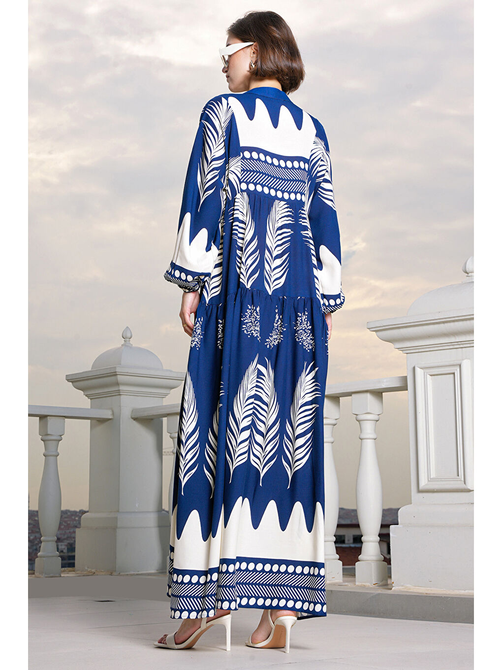 2423 Otantik Desenli Tesettür Elbise - M. Lacivert-4