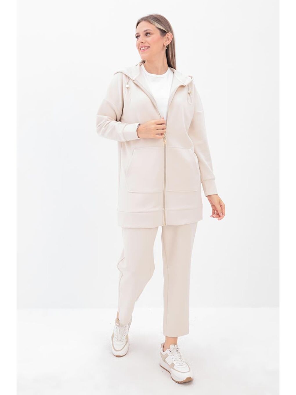 Açık Bej-Kanguru Cepli Hırkalı Eşofman Takımı