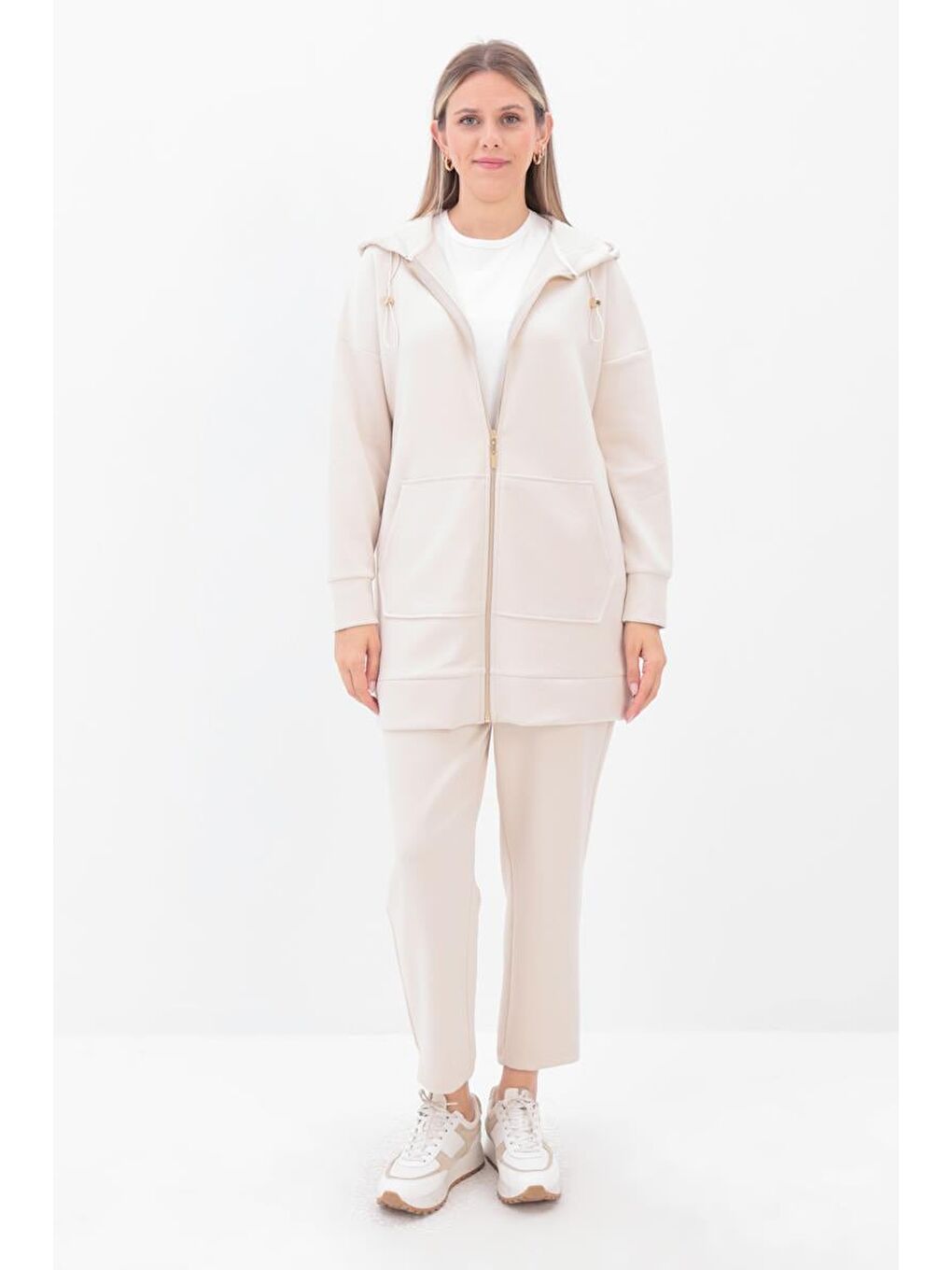 Açık Bej-Kanguru Cepli Hırkalı Eşofman Takımı-1