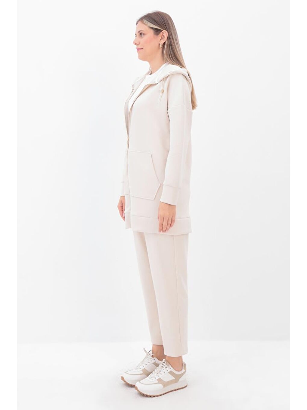 Açık Bej-Kanguru Cepli Hırkalı Eşofman Takımı-2