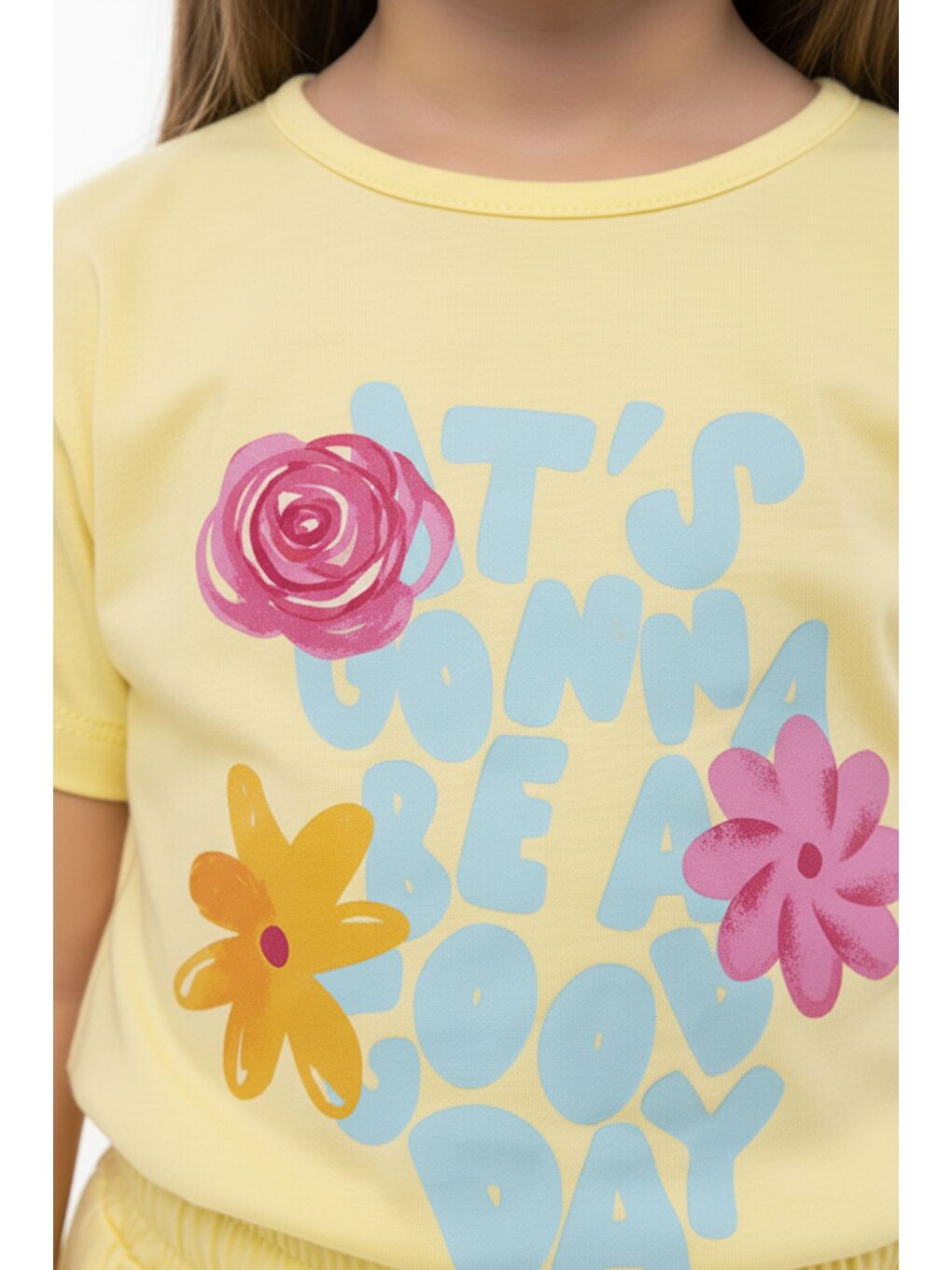 Sarı Kız Çocuk 2'li  Şortlu Takım Bisiklet Yaka Kısa Kollu Baskılı Tişört - Beli Lastikli Bağlamalı Cepl-4