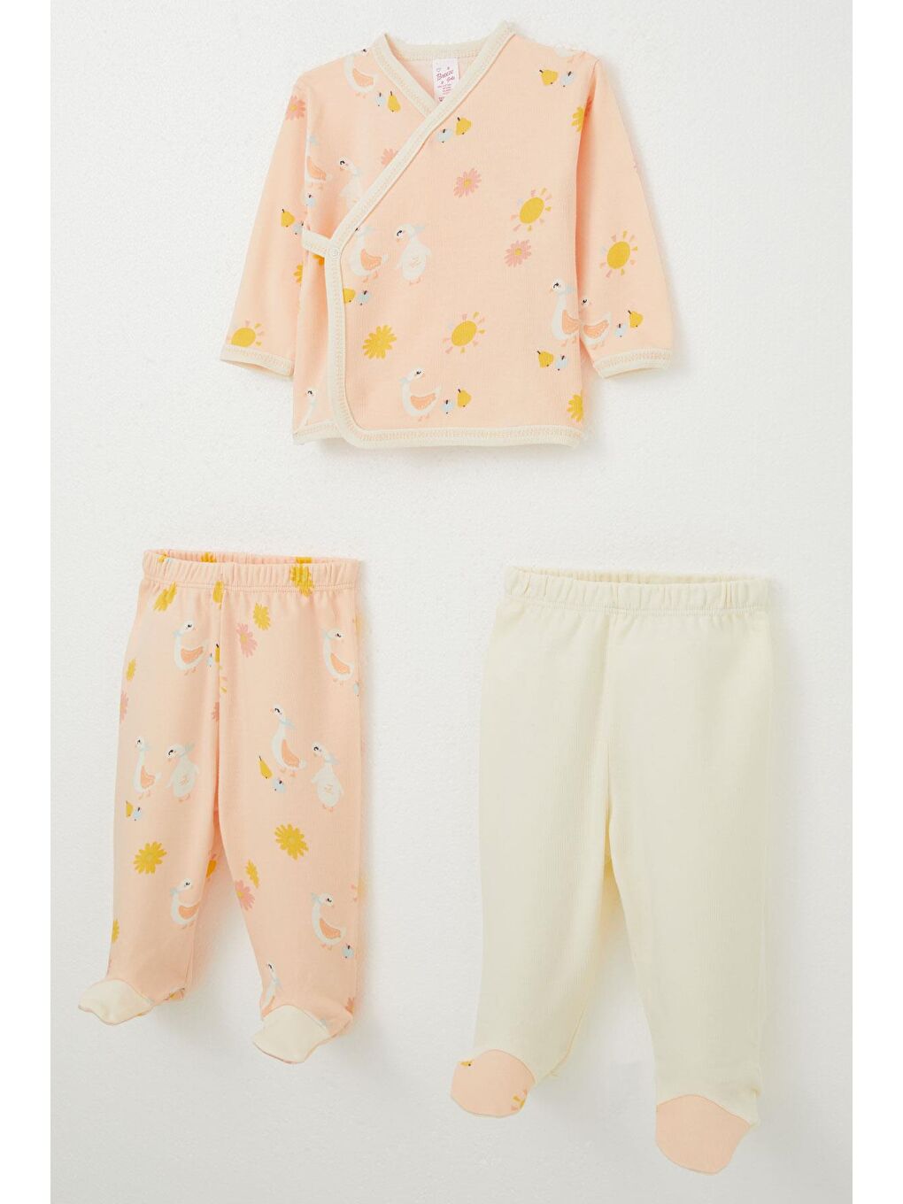 Pembe Kız Bebek Hastane Çıkışı 3 Lü Sevimli Ördek Desenli Somon (0-4 Ay)-1