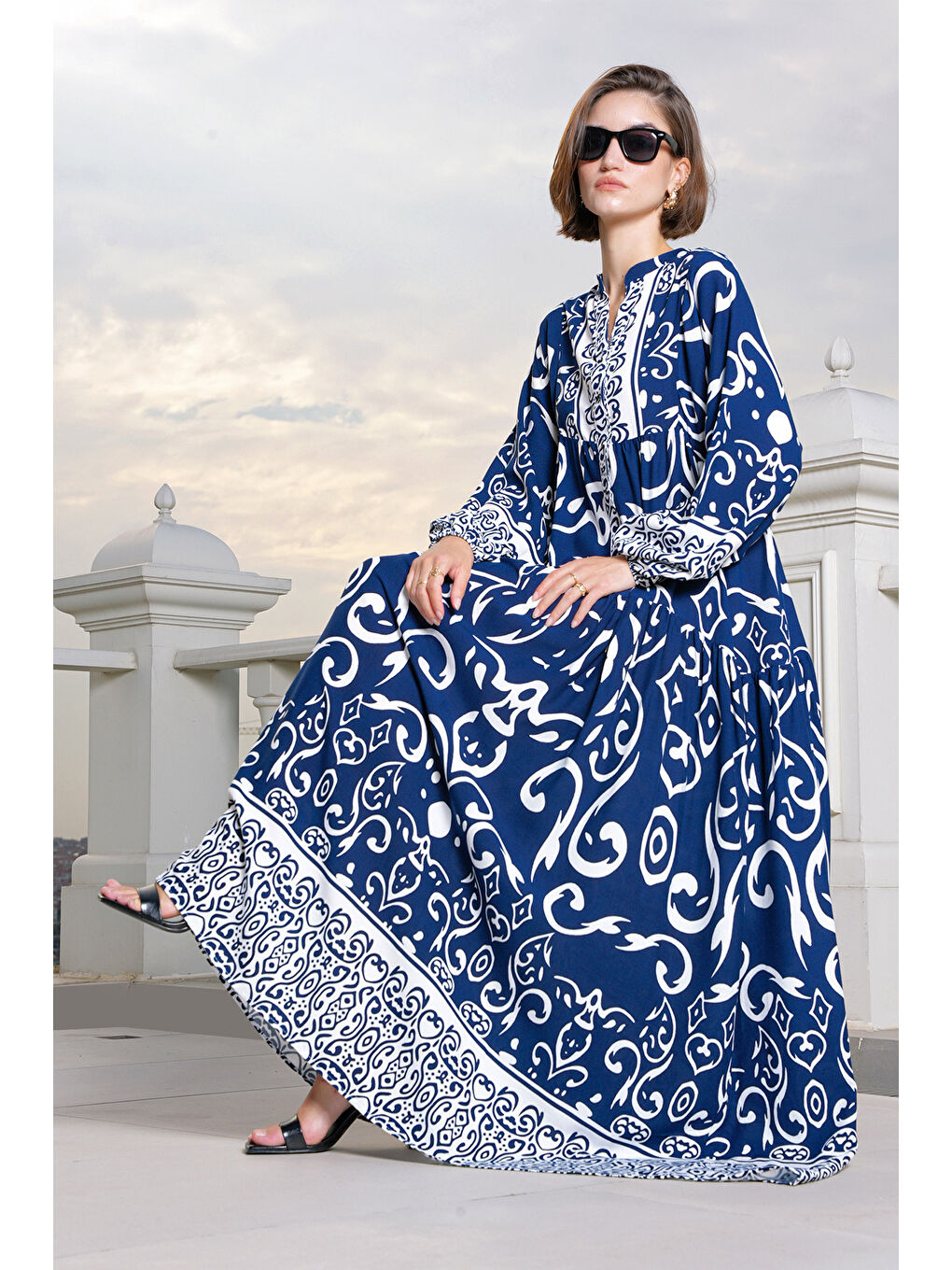 2423 Otantik Desenli Tesettür Elbise - P. Lacivert-1