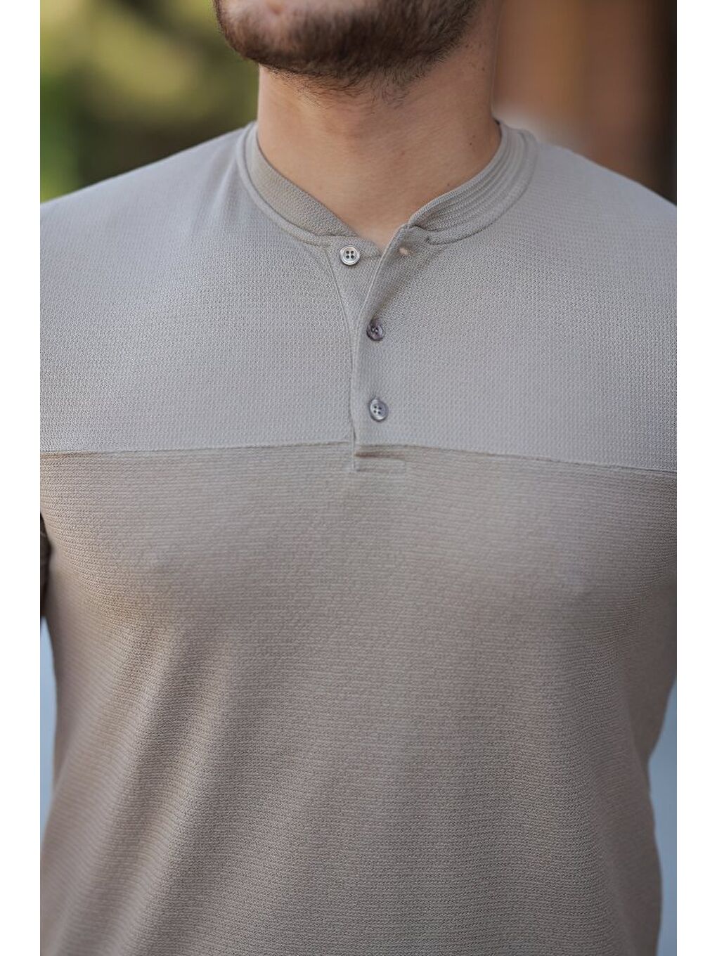 Bej Erkek Hakim Yakalı Kısa Kollu Pamuklu T-shirt-2