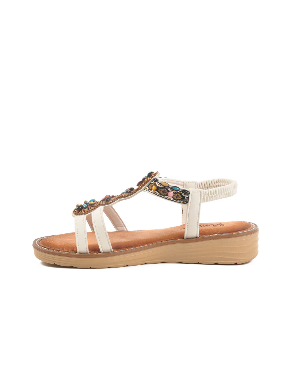 Beyaz Hakiki Deri Taş İşlemeli Kadın Sandalet 9634 Z-1