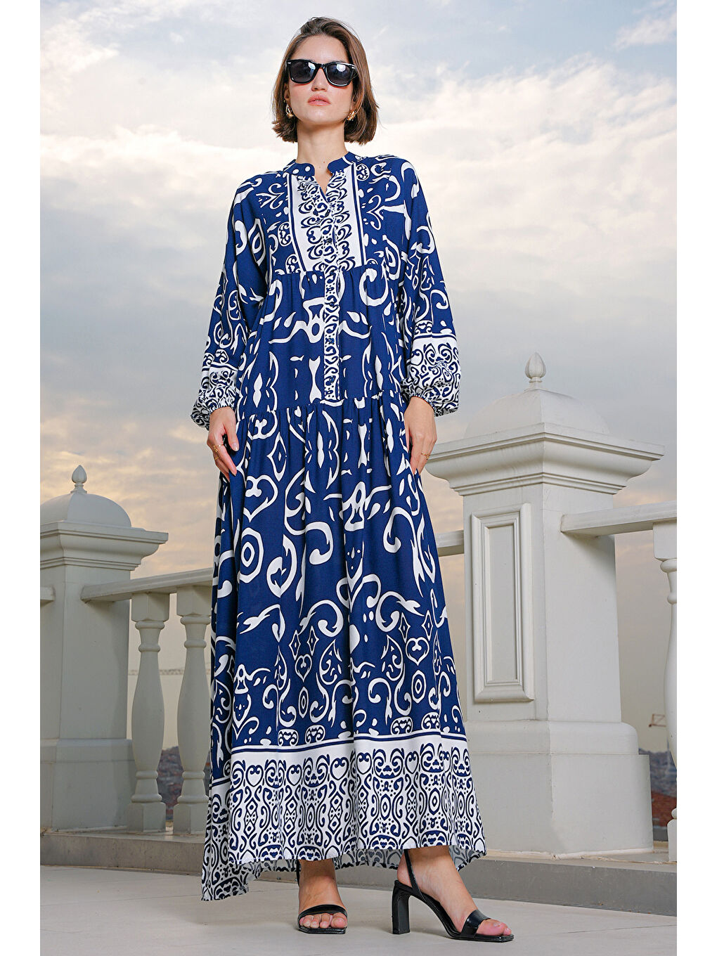 2423 Otantik Desenli Tesettür Elbise - P. Lacivert-2