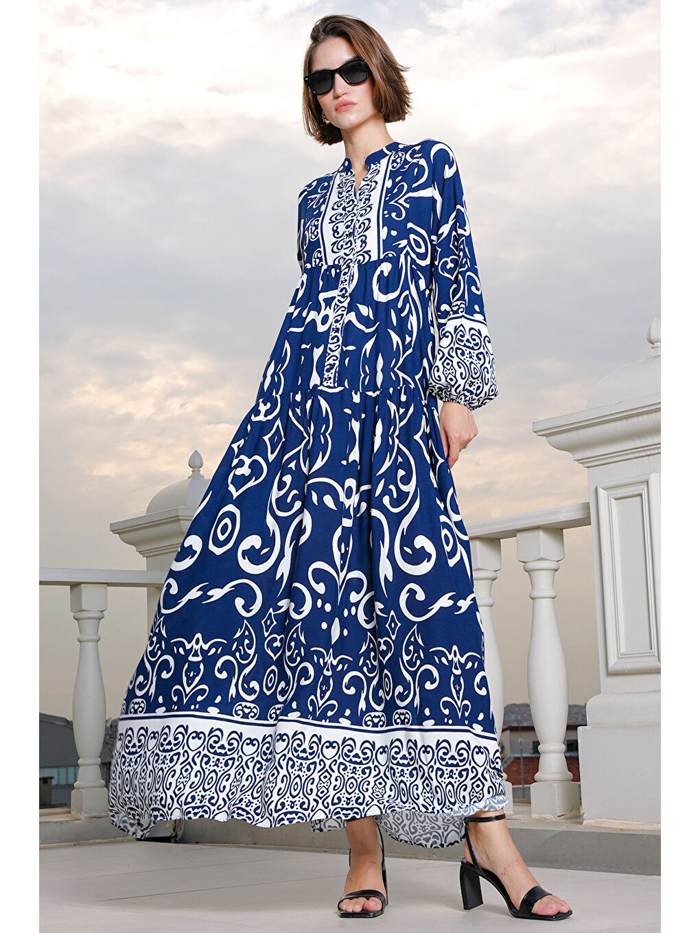 2423 Otantik Desenli Tesettür Elbise - P. Lacivert-3