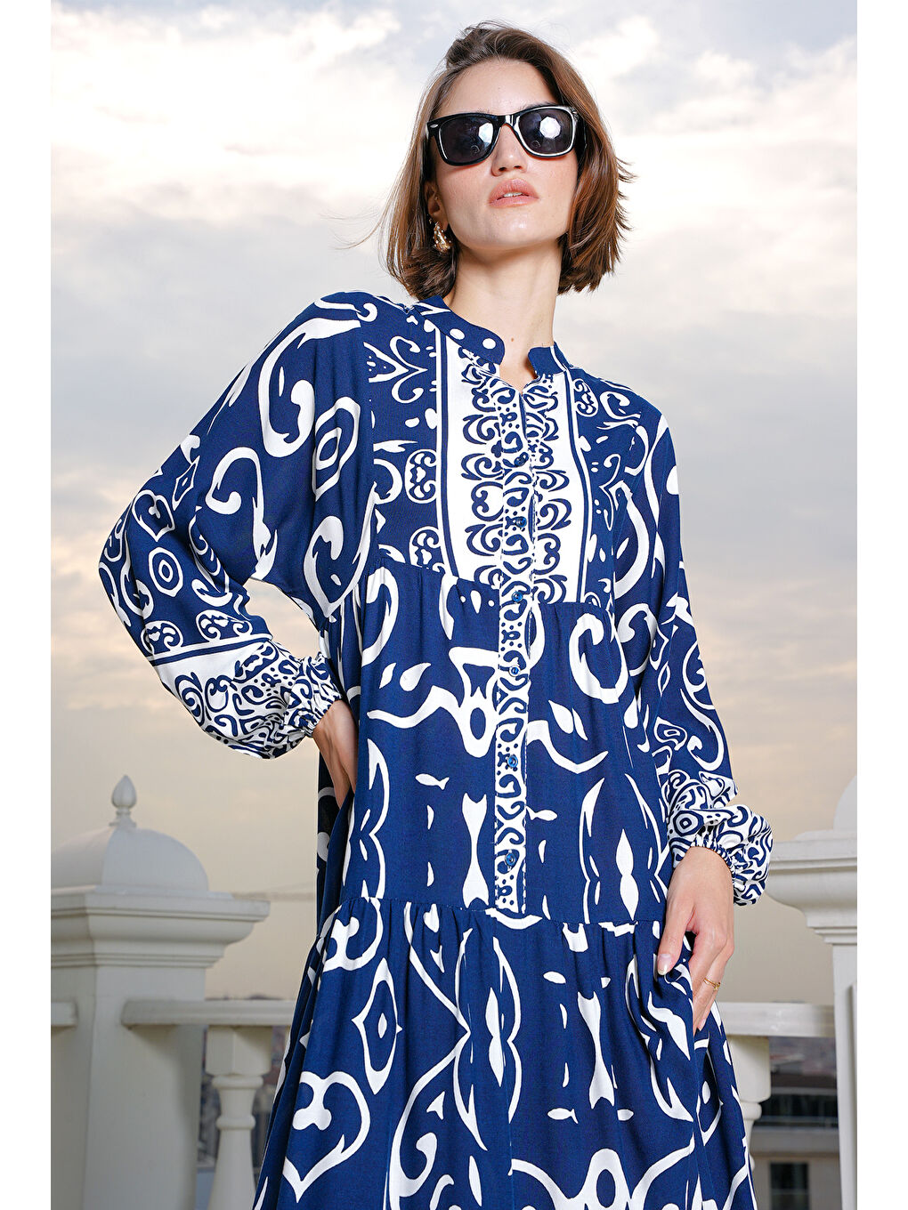 2423 Otantik Desenli Tesettür Elbise - P. Lacivert-4