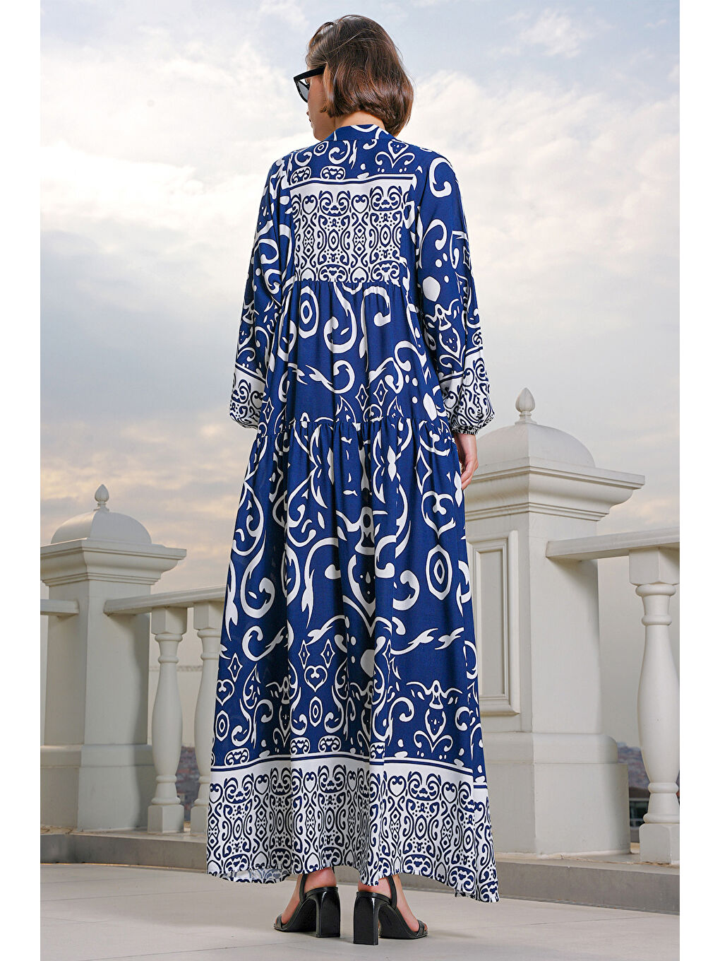 2423 Otantik Desenli Tesettür Elbise - P. Lacivert-5