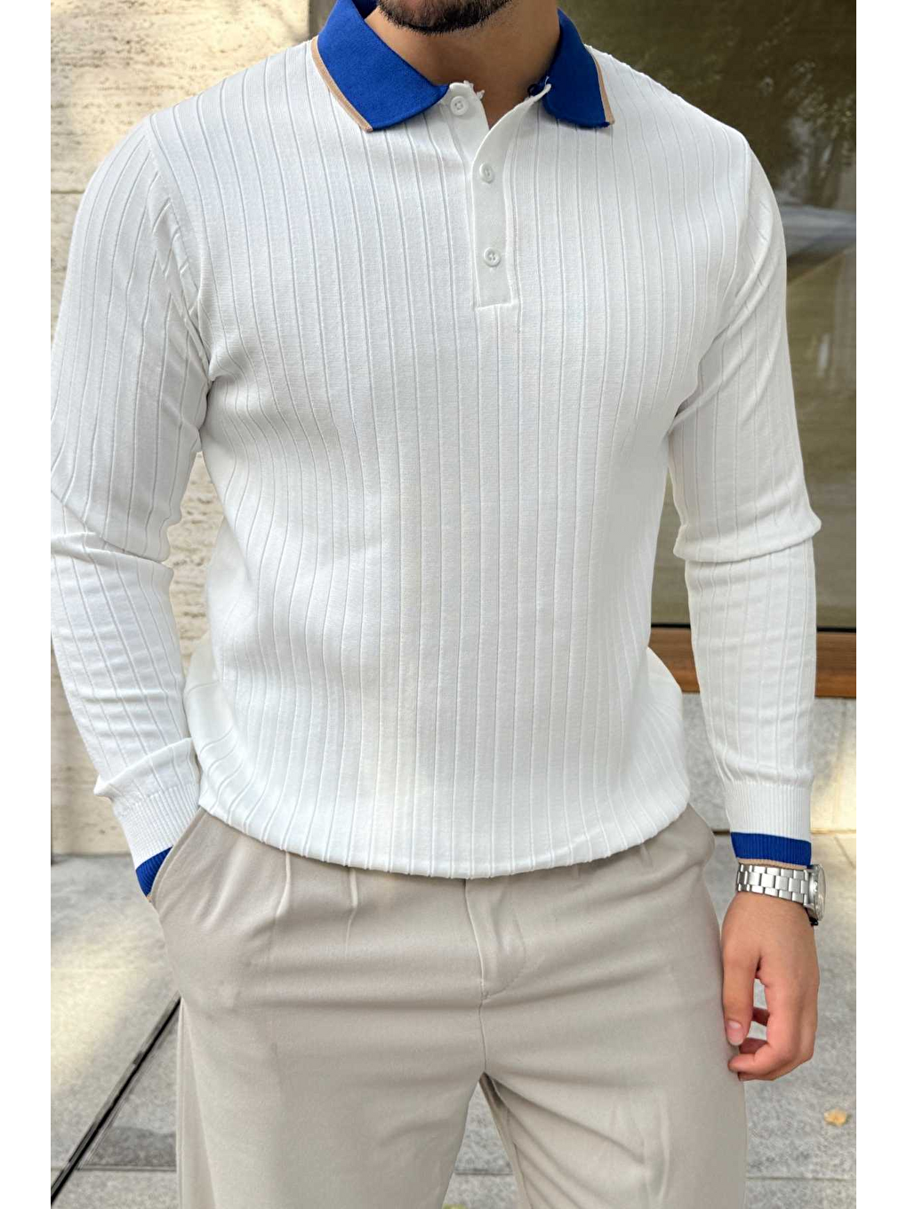 Beyaz Luzi Çizgi Desenli Polo Yaka Premium Erkek Triko Kazak