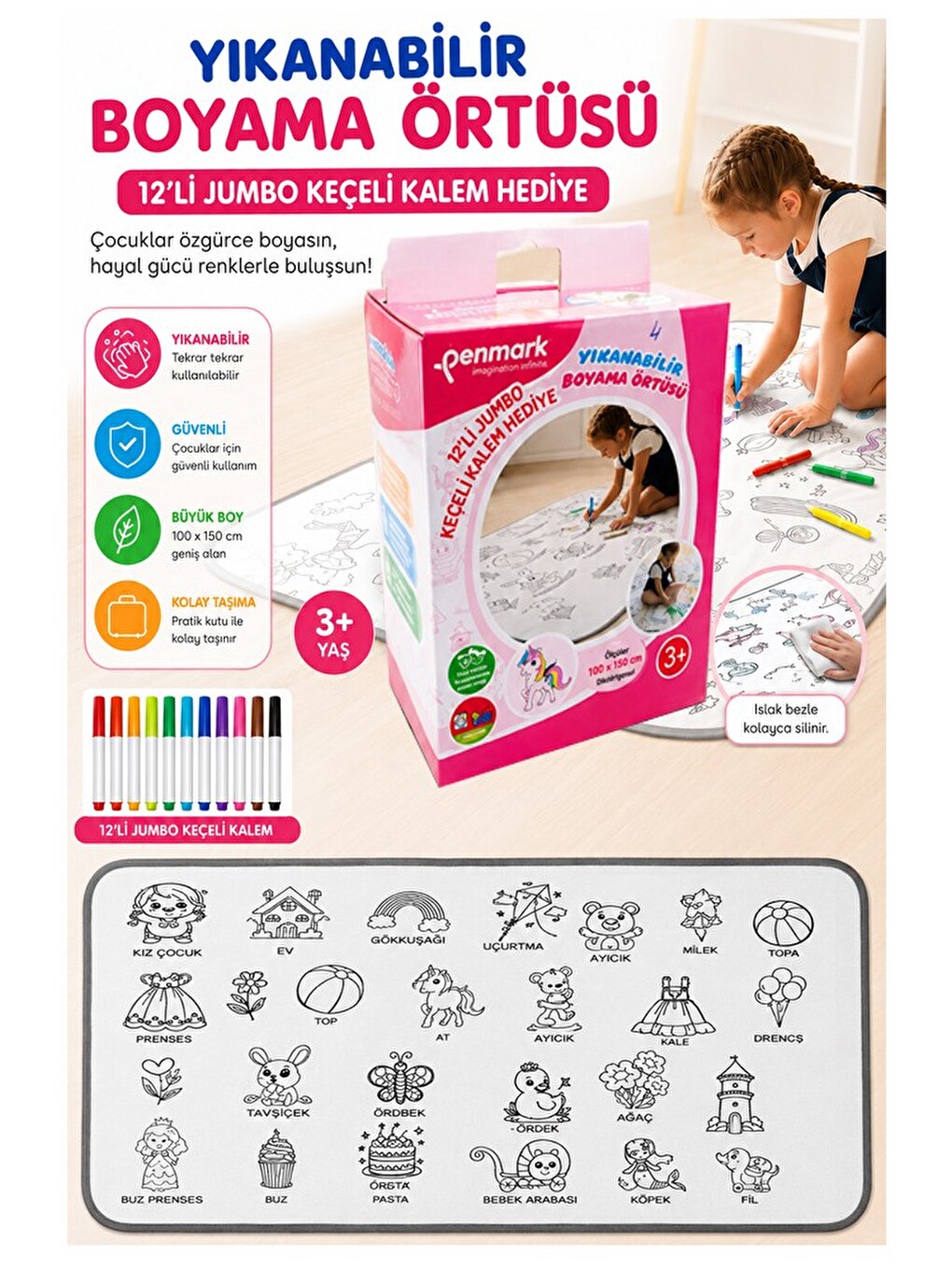 Boyama Örtüsü Yıkanabilir Kız Modeli 100x15 Cm 1 Paket 12 Renk Jumbo Keçeli Kalem Penmark Sevinli Ha