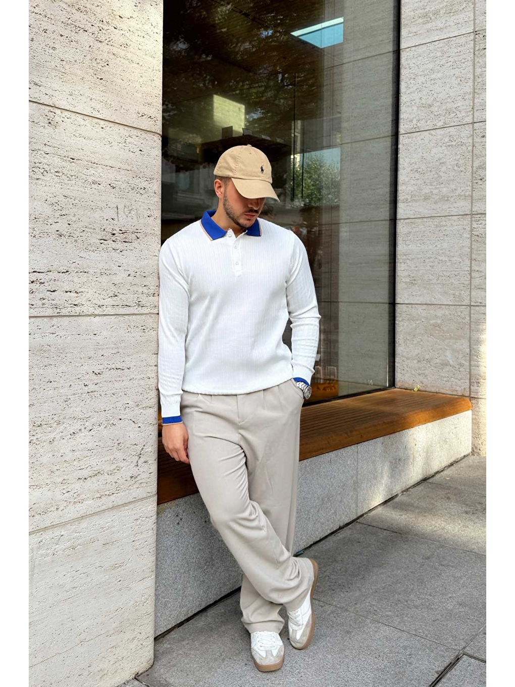 Beyaz Luzi Çizgi Desenli Polo Yaka Premium Erkek Triko Kazak-1