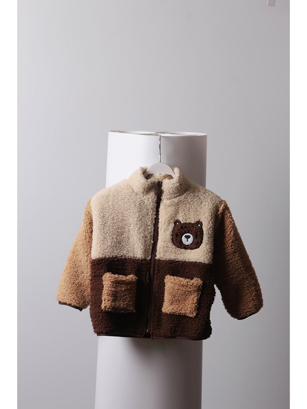 Kahverengi Polar Ayıcık Desenli Cepli Fermuarlı Ceket Erkek Çocuk-1