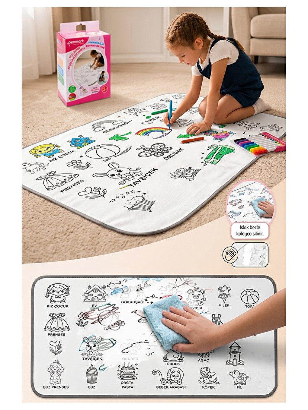 Boyama Örtüsü Yıkanabilir Kız Modeli 100x15 Cm 1 Paket 12 Renk Jumbo Keçeli Kalem Penmark Sevinli Ha-2