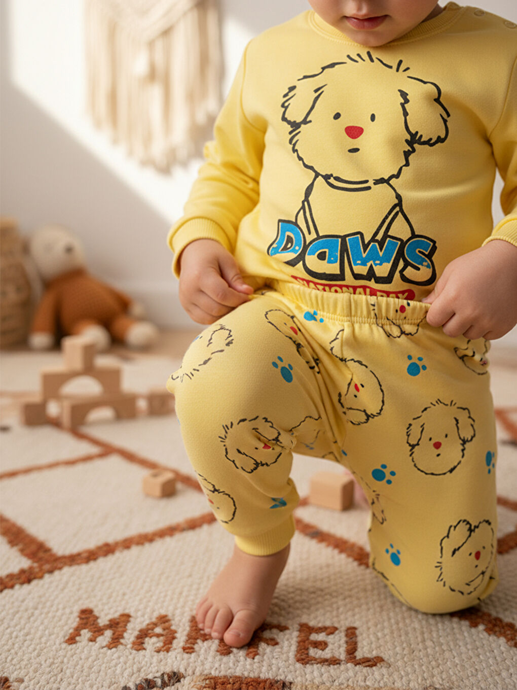 %100 Pamuklu Sarı Köpekli Çocuk Pijama Takımı 1-6 Yaş-2