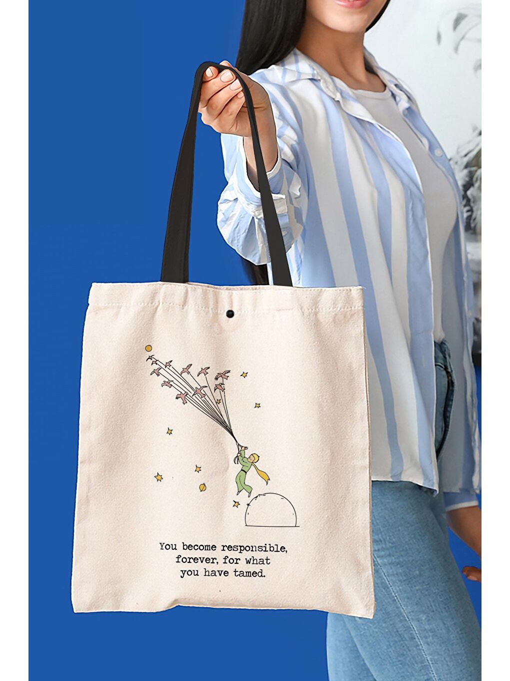 Bagg Krem Çıtlı Bird Little Prince Kanvas Kumaş Bez Çanta