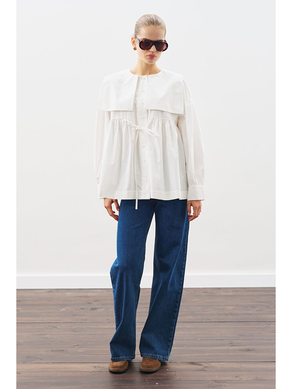 Geniş Yakalı Kuşaklı Gömlek Ekru-2