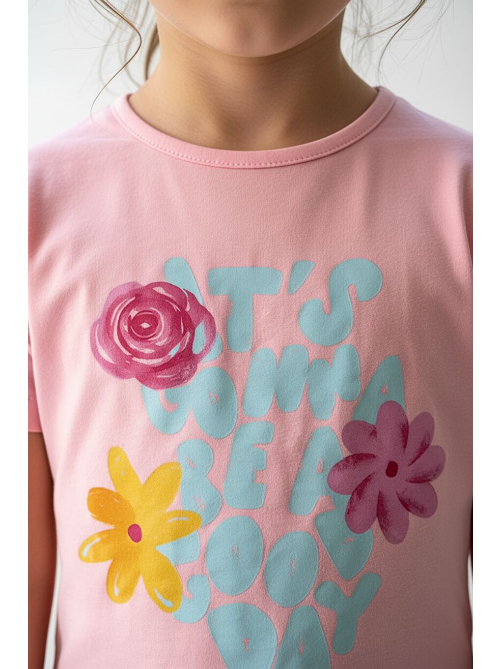 Pembe Kız Çocuk 2'li  Şortlu Takım Bisiklet Yaka Kısa Kollu Baskılı Tişört - Beli Lastikli Bağlamalı Cepl-4