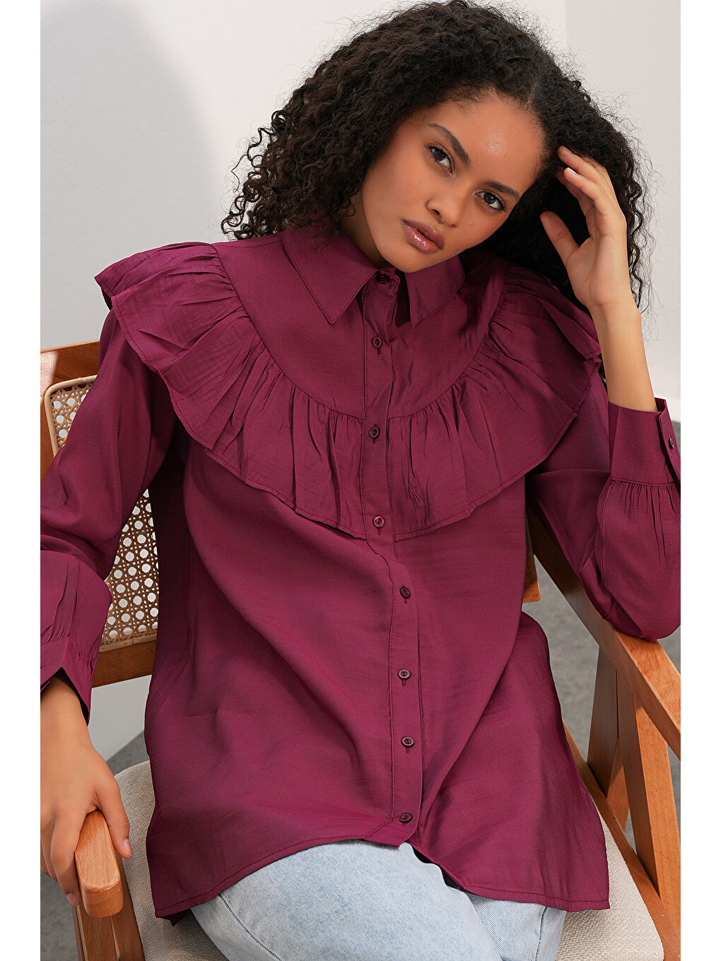 Kadın Fırfır Detaylı Gömlek Tunik 5994 - Bordo-1