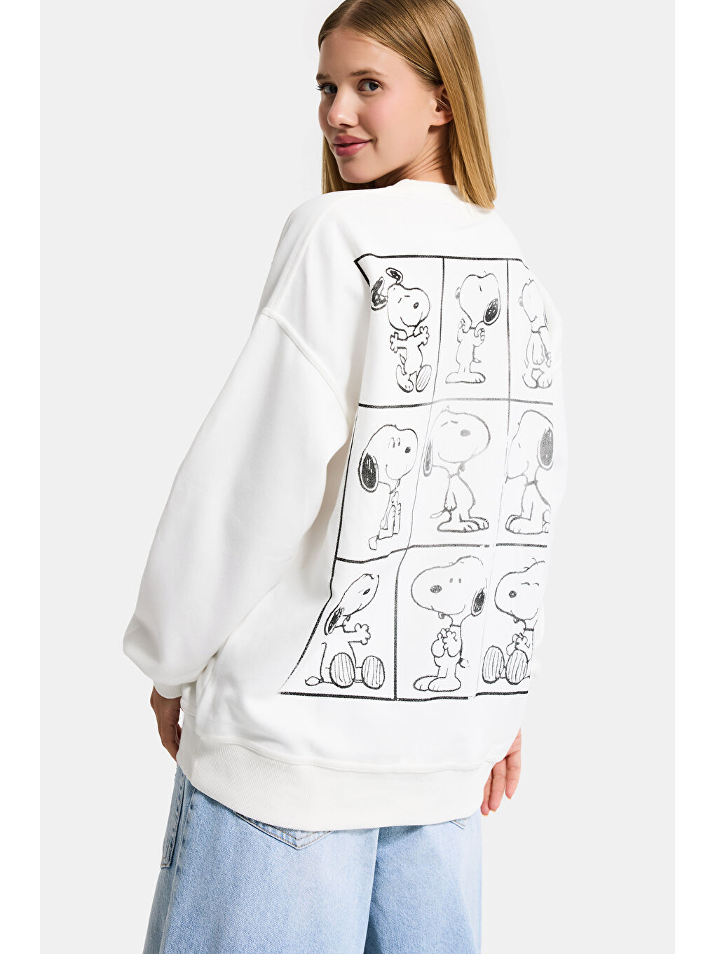 Kadın Beyaz w5 Oversize Baskılı %100 Pamuk Organik Kumaş Sweatshirt