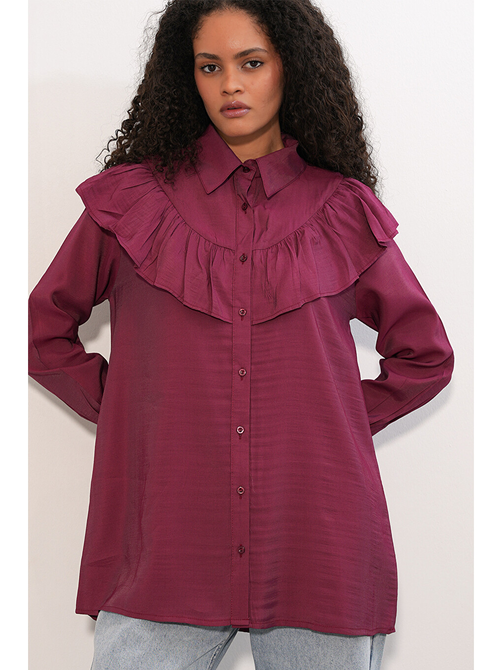Kadın Fırfır Detaylı Gömlek Tunik 5994 - Bordo-2