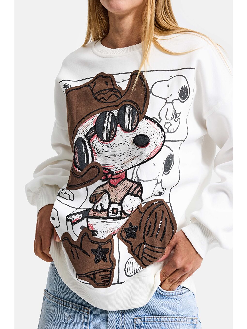 Kadın Beyaz w5 Oversize Baskılı %100 Pamuk Organik Kumaş Sweatshirt-1