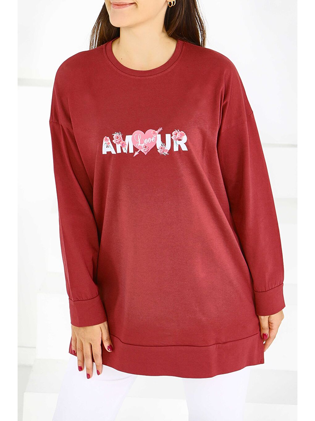 Uzun Kollu Baskılı Süprem Tunik Bordo - 27584