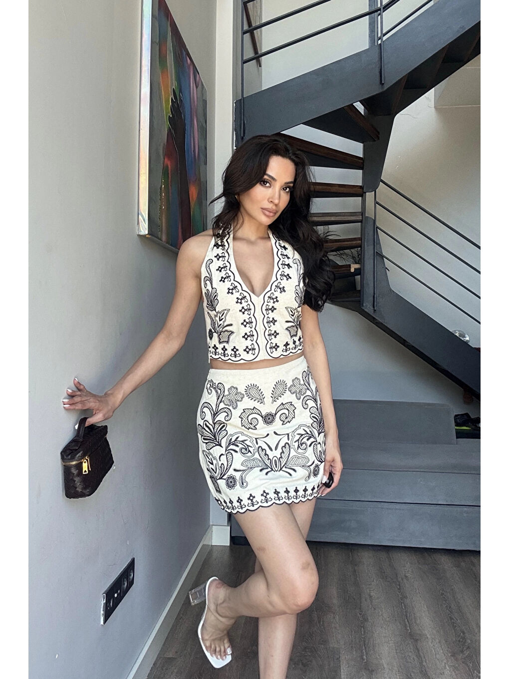 Kadın Bej Halter Yaka Nakışlı Takım 0267-0642-3