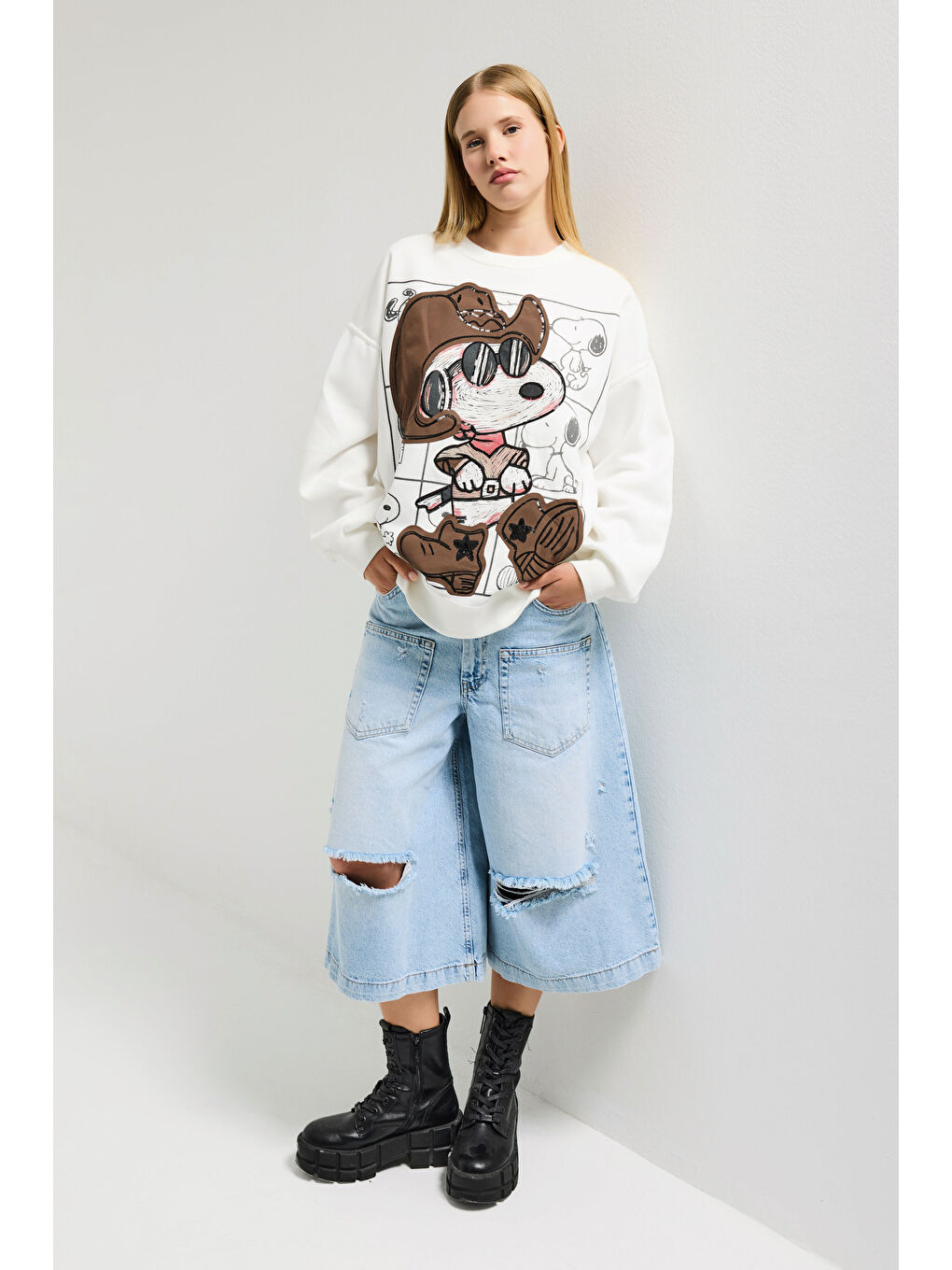 Kadın Beyaz w5 Oversize Baskılı %100 Pamuk Organik Kumaş Sweatshirt-3