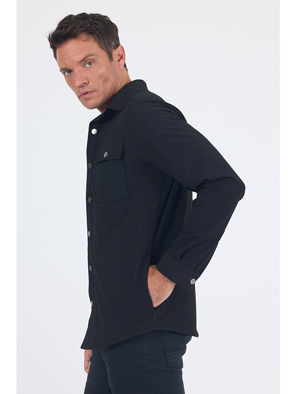 Siyah Çizgili Desen Gofreli Ayaklı Gömlek Yaka Astarsız Esnek Comfort Fit Mont 1007250117-3