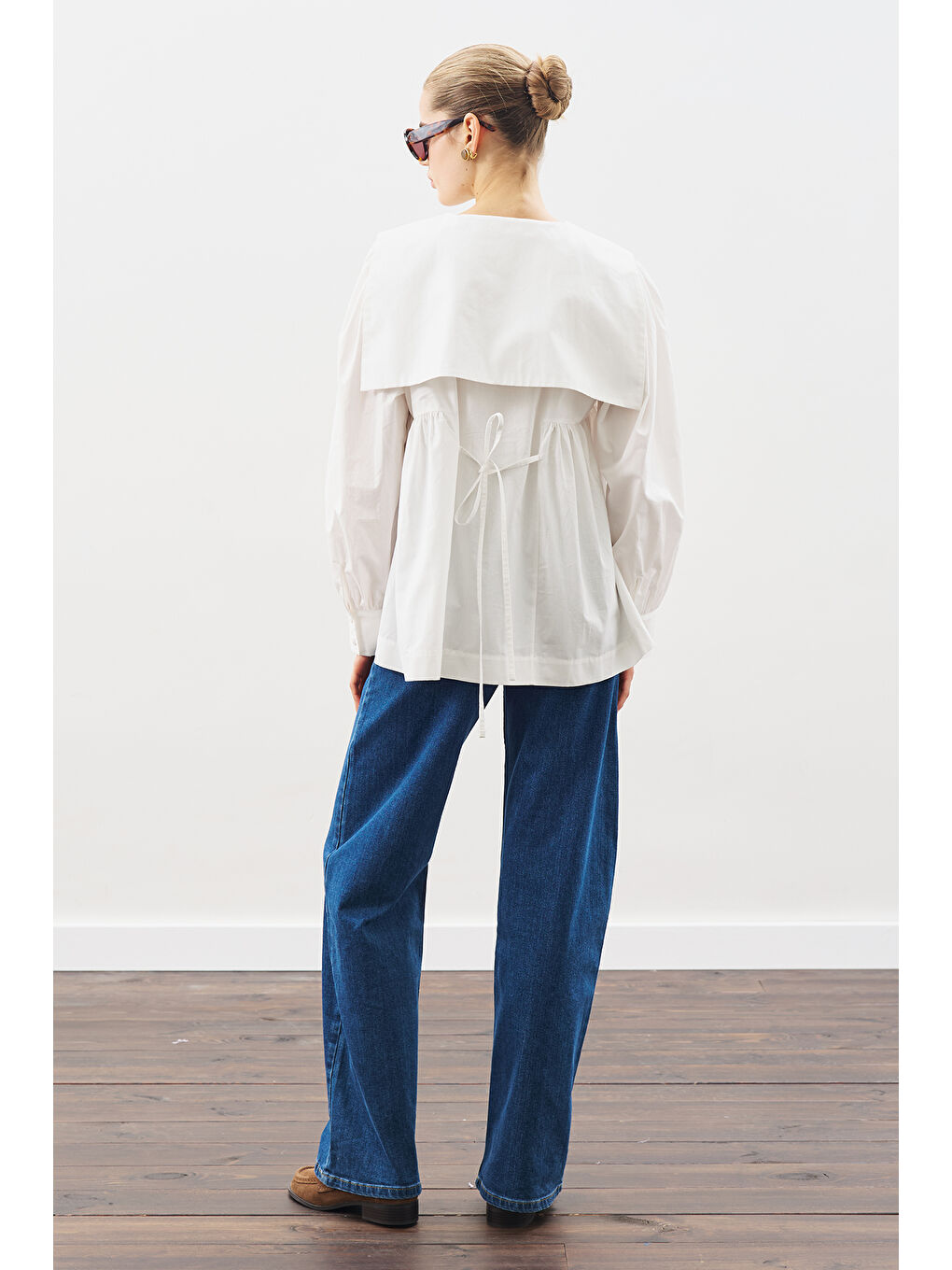 Geniş Yakalı Kuşaklı Gömlek Ekru-6