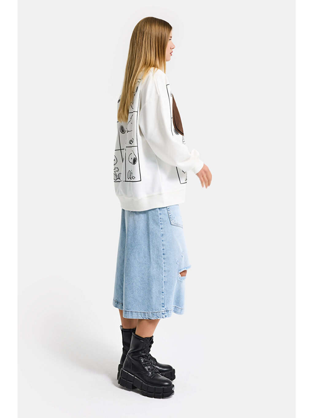 Kadın Beyaz w5 Oversize Baskılı %100 Pamuk Organik Kumaş Sweatshirt-4