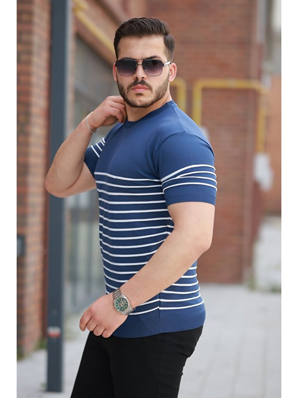 Mavi Erkek çizgi Desenli Bisiklet Yaka Kısa Kollu T-sihrt-1