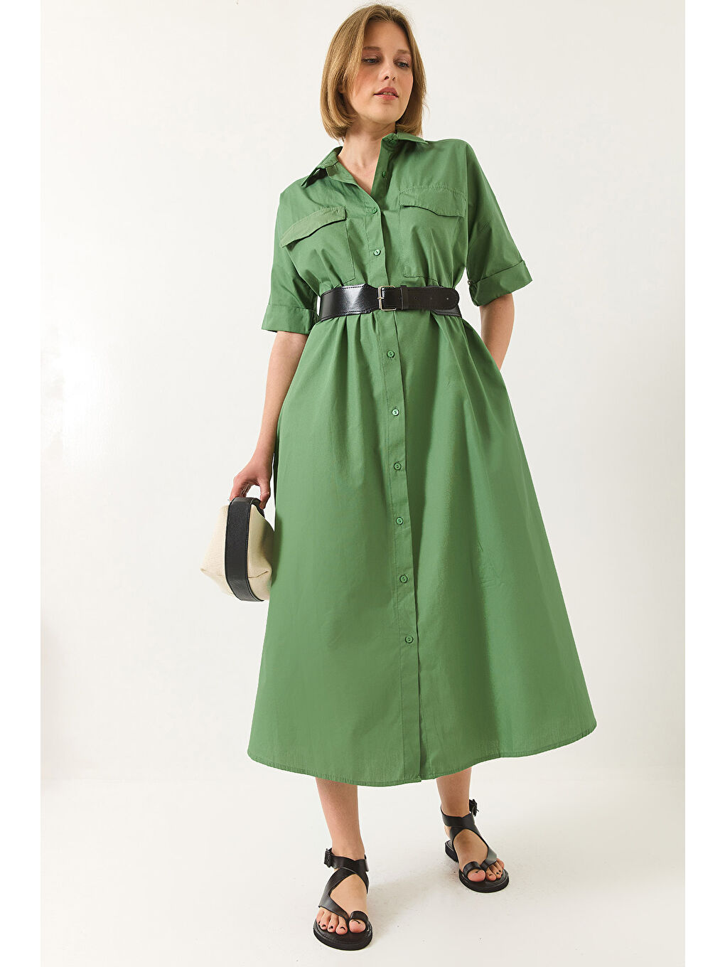 Yeşil Kadın Düğme Kapamalı Cep Detaylı Kemerli Poplin Gömlek Elbise