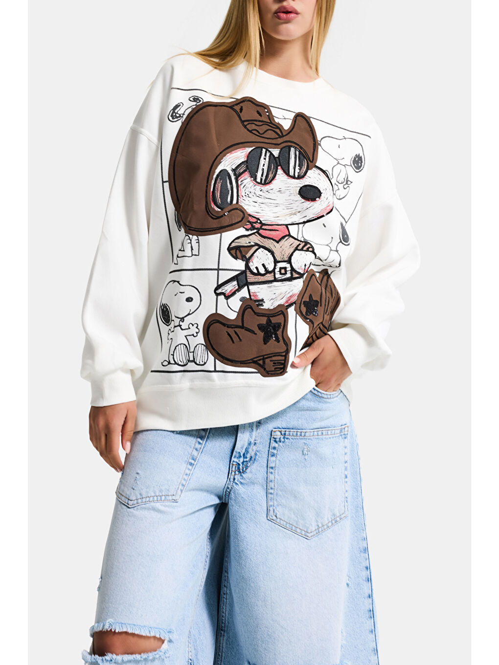 Kadın Beyaz w5 Oversize Baskılı %100 Pamuk Organik Kumaş Sweatshirt-5