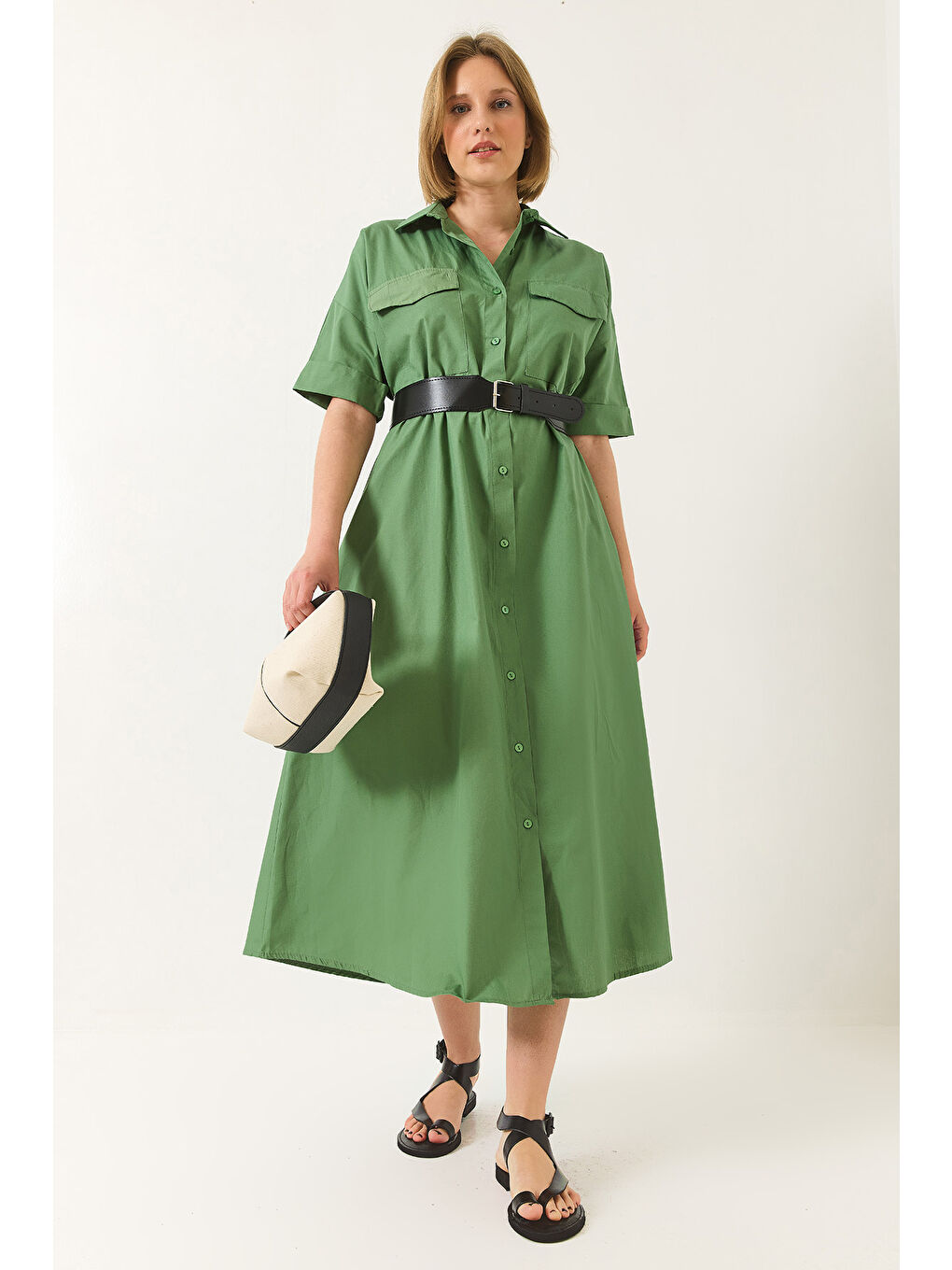 Yeşil Kadın Düğme Kapamalı Cep Detaylı Kemerli Poplin Gömlek Elbise-1
