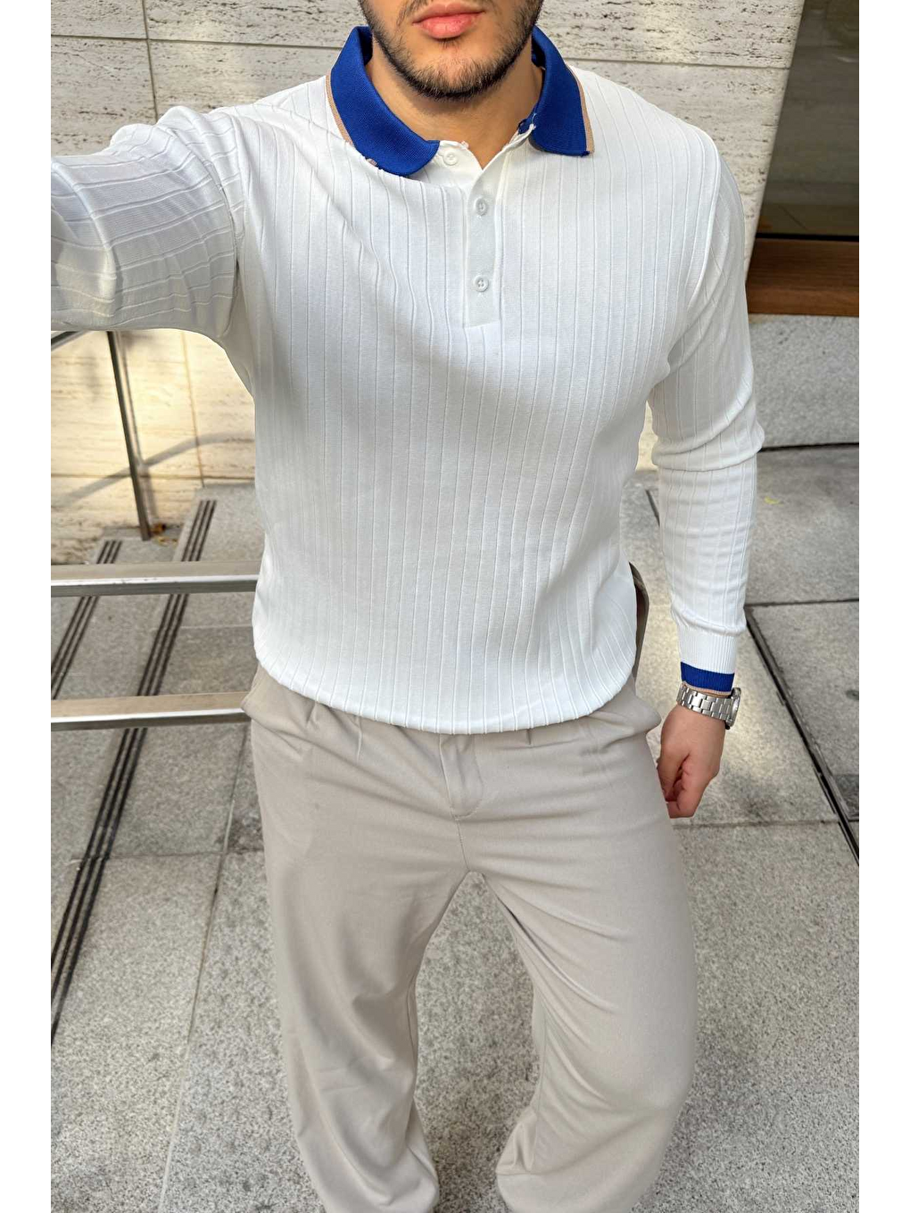 Beyaz Luzi Çizgi Desenli Polo Yaka Premium Erkek Triko Kazak-3