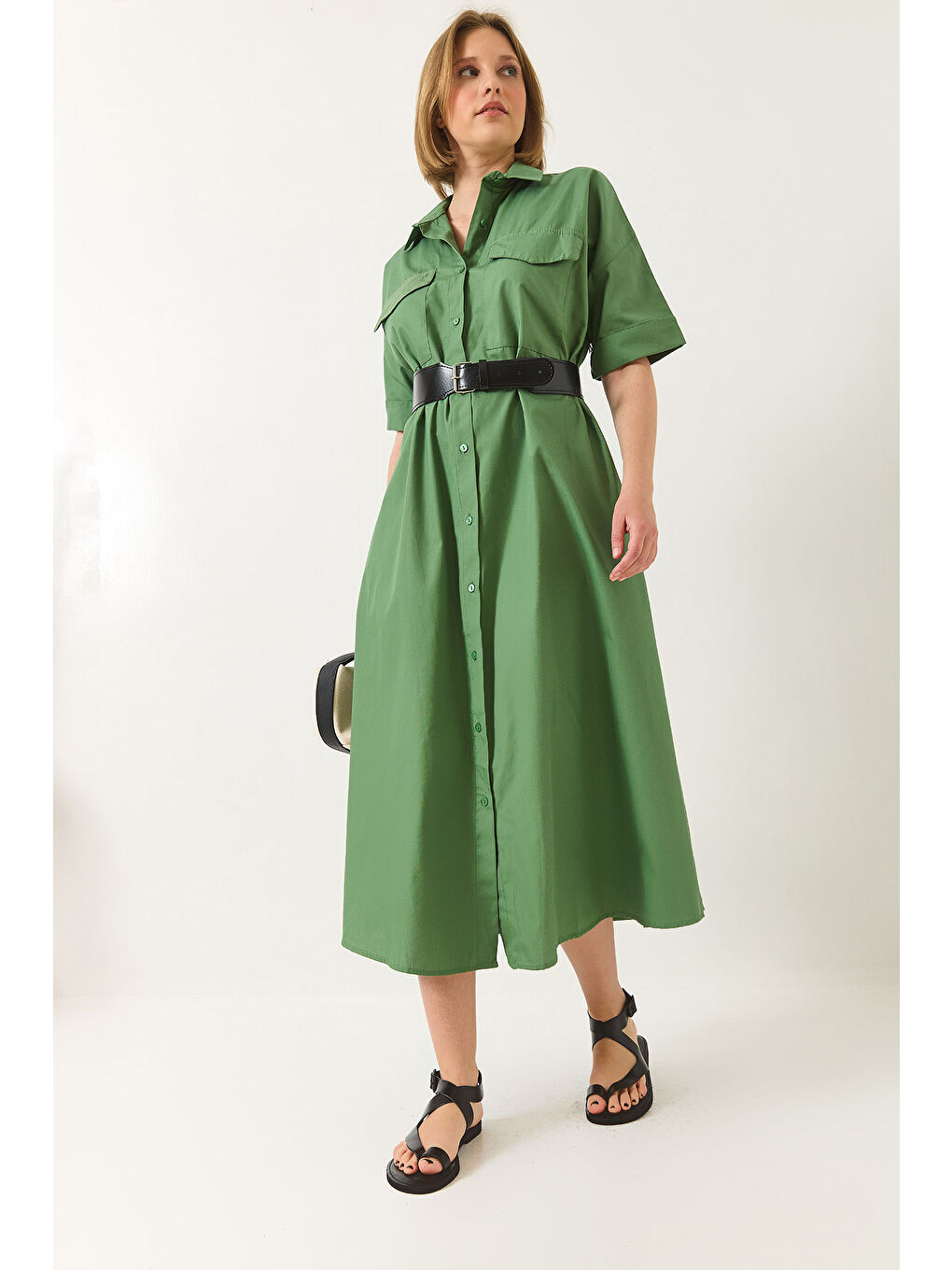 Yeşil Kadın Düğme Kapamalı Cep Detaylı Kemerli Poplin Gömlek Elbise-2