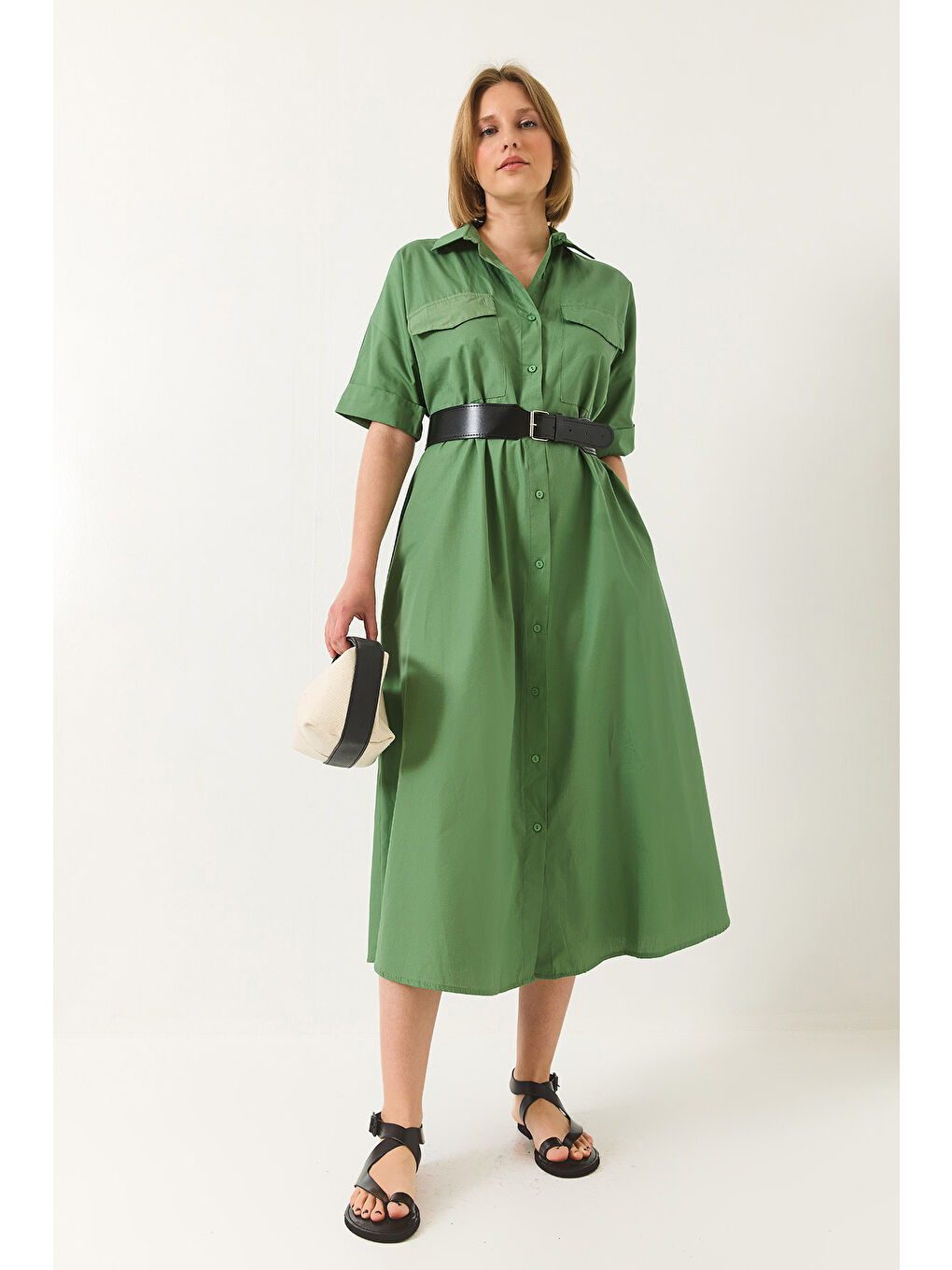 Yeşil Kadın Düğme Kapamalı Cep Detaylı Kemerli Poplin Gömlek Elbise-3