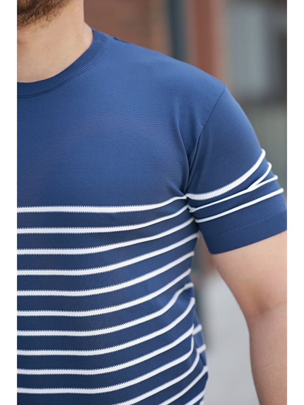 Mavi Erkek çizgi Desenli Bisiklet Yaka Kısa Kollu T-sihrt-2