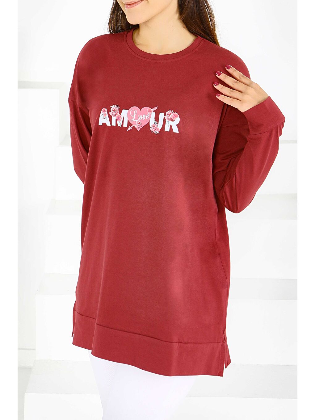 Uzun Kollu Baskılı Süprem Tunik Bordo - 27584-1