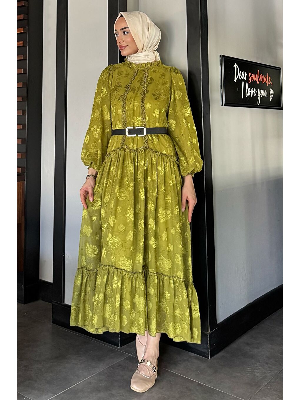 Yeşil İşlemeli Ve Astarlı Tesettür Şifon Elbise-1