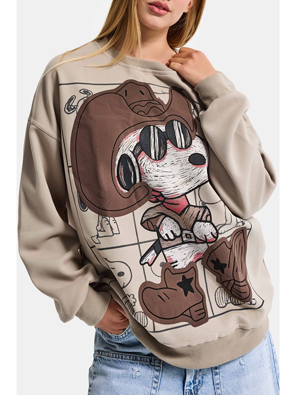 Kadın Ekru Bej w5 Oversize Baskılı %100 Pamuk Organik Kumaş Sweatshirt-1