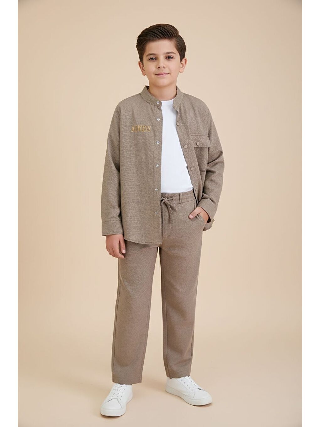 Kahverengi Keten Gömlekli Pantolonlu Erkek Çocuk 3lü Alt Üst Takım 23574