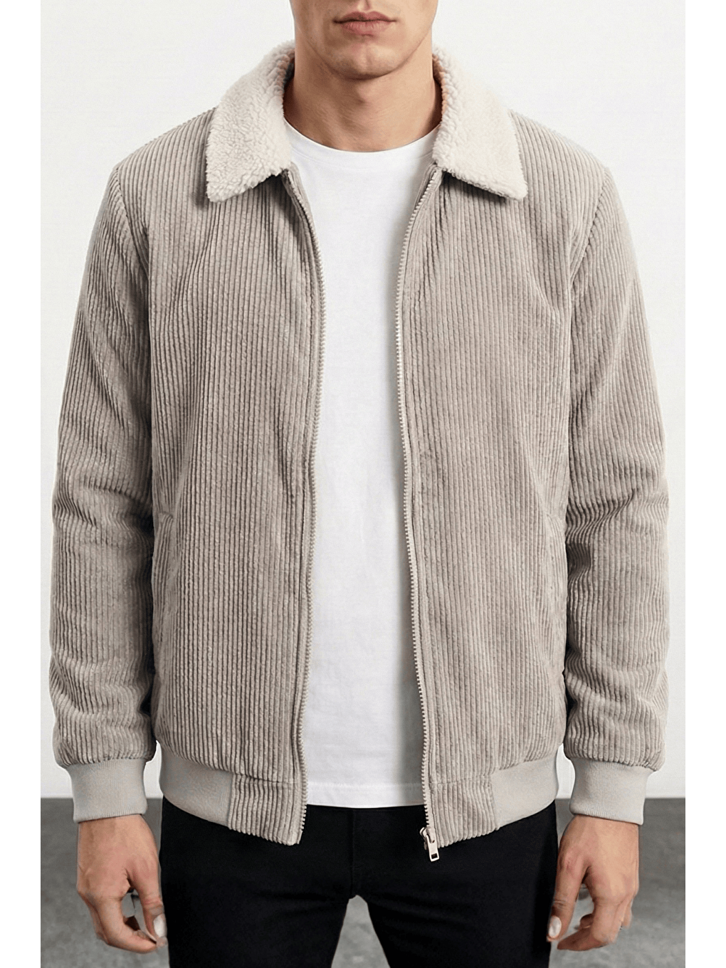 Gri Erkek Kadife Mont Pelüş Astarlı Gömlek Yaka Rüzgar Geçirmez Kadife Mont